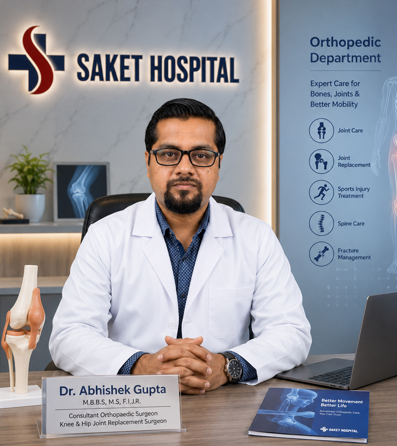 Dr. Abhishek Gupta providing orthopedic consultation to a patient at Saket Hospital Agra
